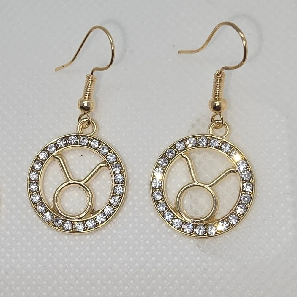 Zodiac Sign Hook Earrings! Hypo-Allergenic Handmade Gold Color with Cubic Zircon